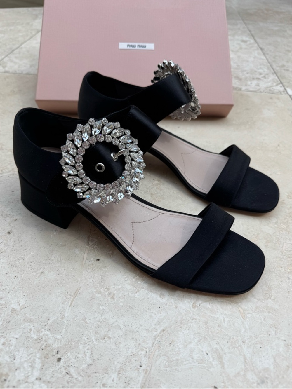 NEW Miu Miu Black Satin Block Heel Sandals with Crystal Buckle